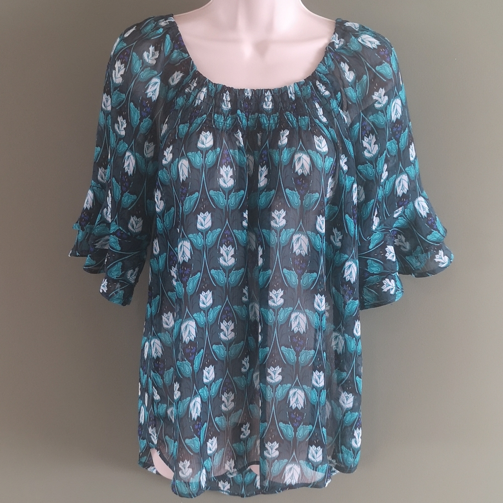 Ricki's Smocked Neckline Ruffled Flutter Sleeve Sz M Sheer Top On  Off Shoulder